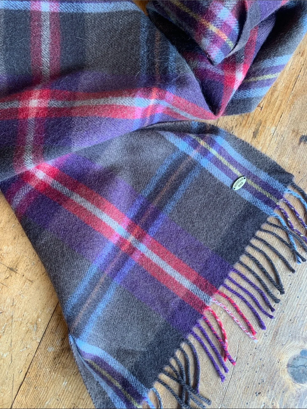 Mountain Horse Wool Blend Plaid Fringe Wool Blend Scarf in Gray, Purple & Red